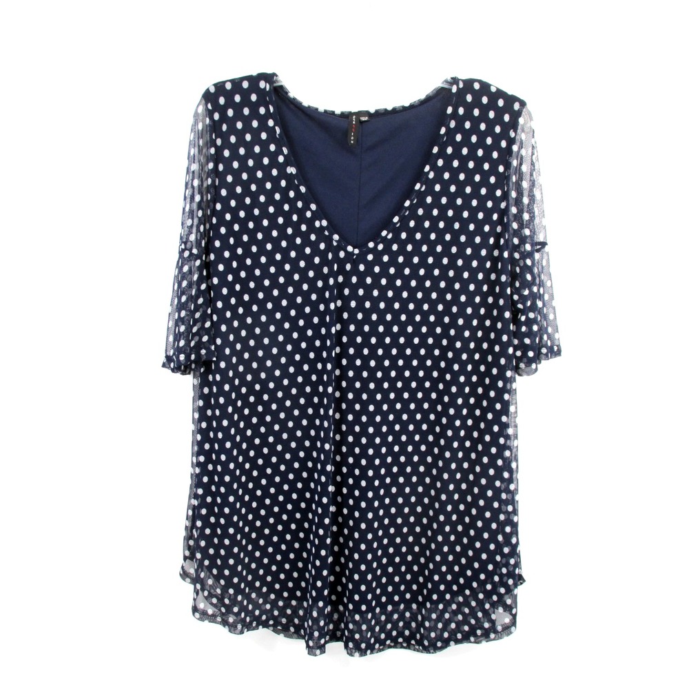 Obsession Women Plus 2X Blue White Polka Dot Mesh Lined Tunic Top Bell Sleeve